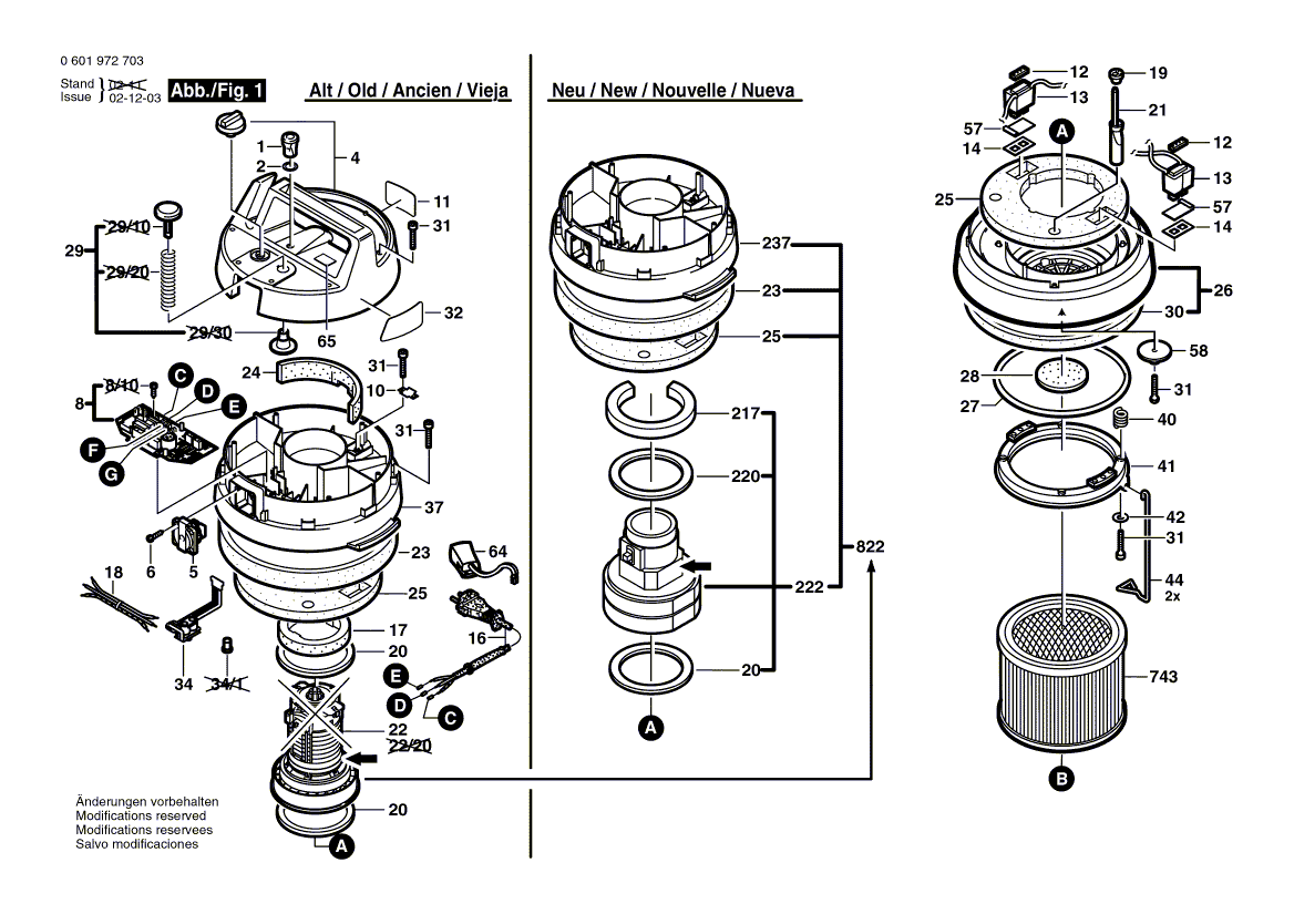 для универсального пылесоса Bosch GAS 10-50 RFH 230 V 0601972703, деталировка 1