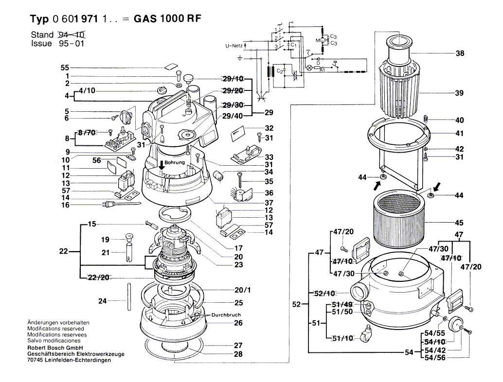 для универсального пылесоса Bosch GAS 1000 RF 220 V 0601971103, деталировка 1