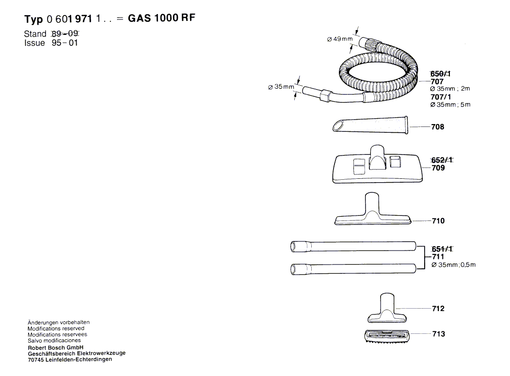 для универсального пылесоса Bosch GAS 1000 RF 220 V 0601971103, деталировка 2