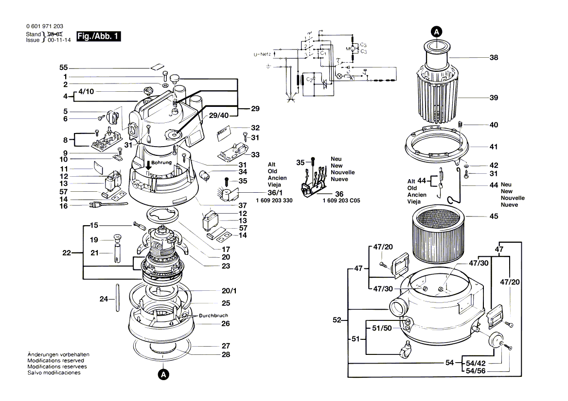 для универсального пылесоса Bosch GAS 1000 RF 220 V 0601971203, деталировка 1