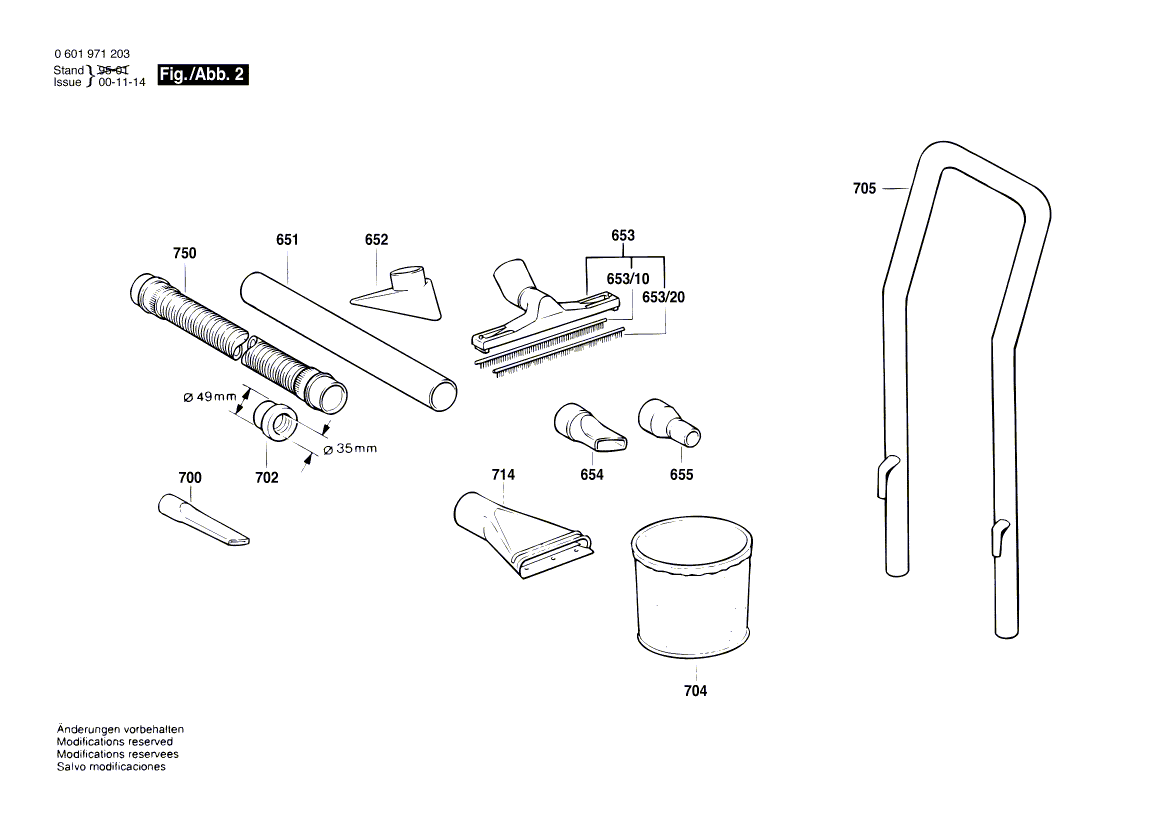 для универсального пылесоса Bosch GAS 1000 RF 220 V 0601971203, деталировка 2