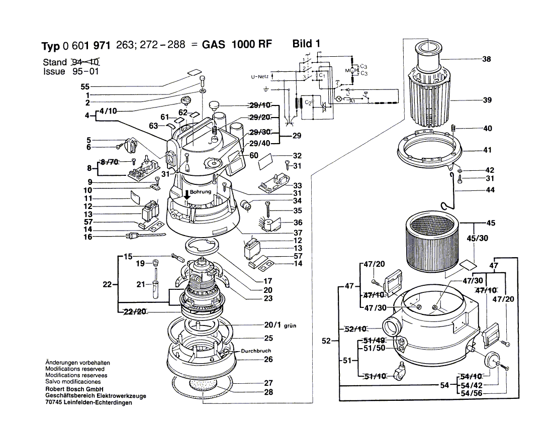 для универсального пылесоса Bosch GAS 1000 RF 220 V 0601971273, деталировка 1