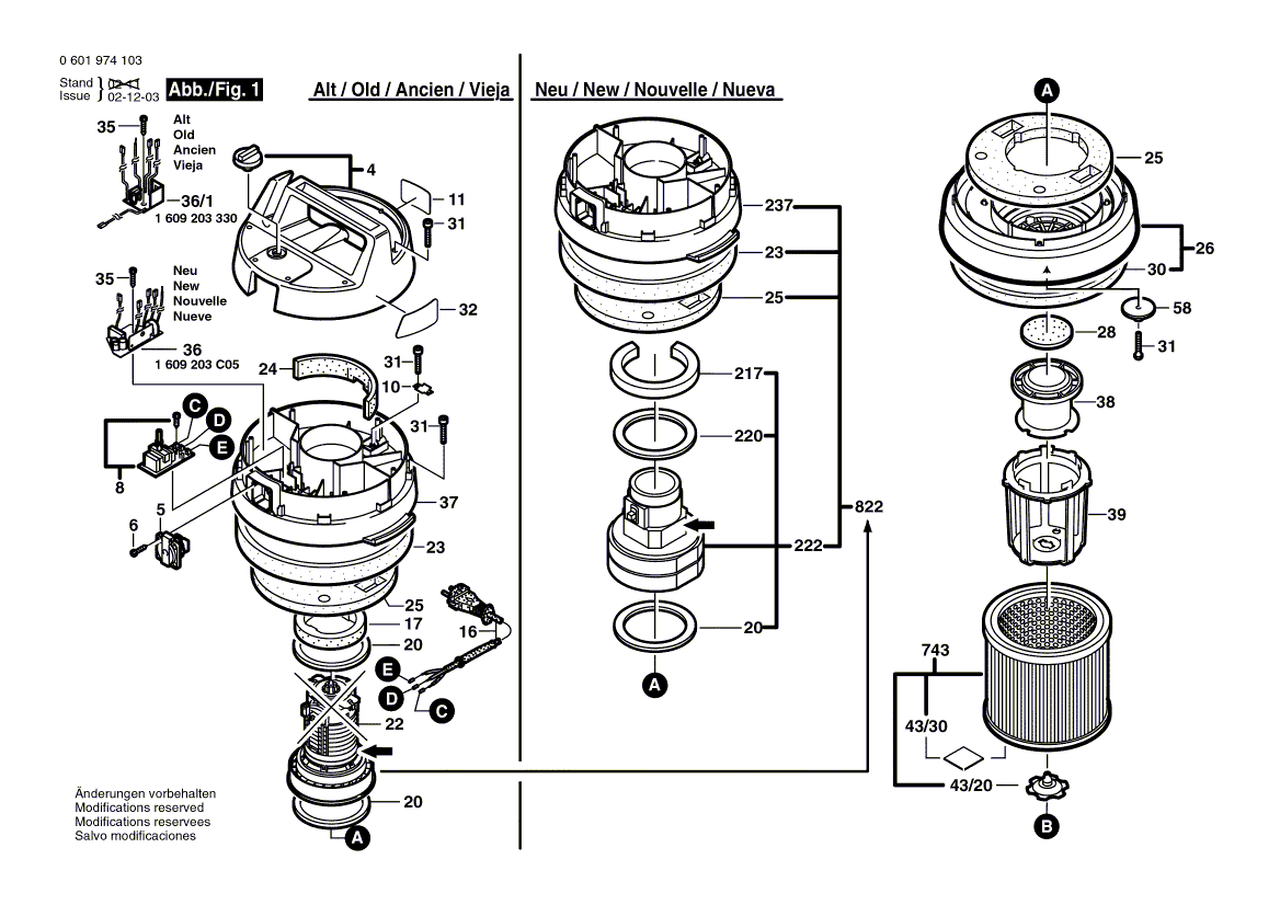 для универсального пылесоса Bosch GAS 12-30 F 230 V 0601974103, деталировка 1