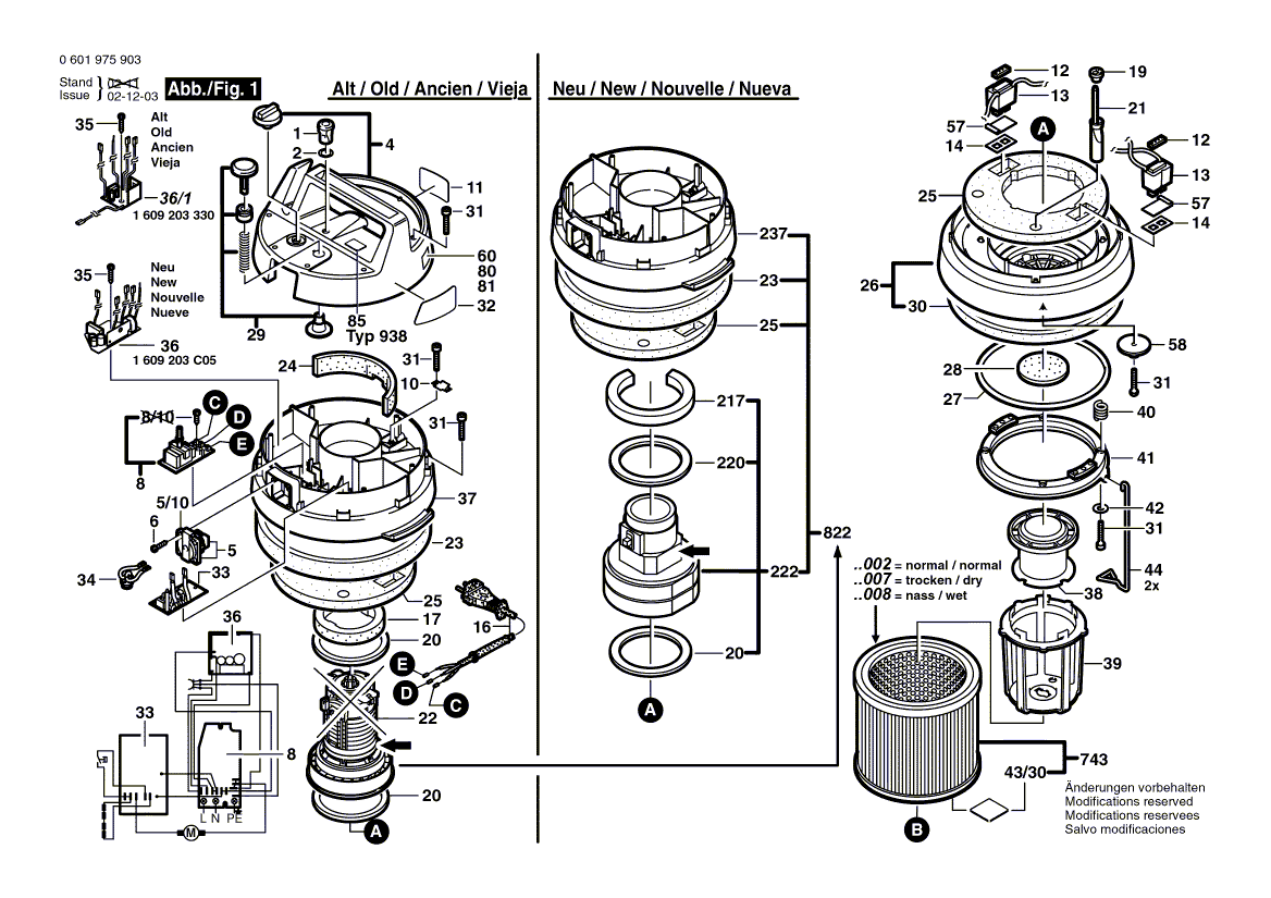 для универсального пылесоса Bosch GAS 12-50 RF 230 V 0601975903, деталировка 1