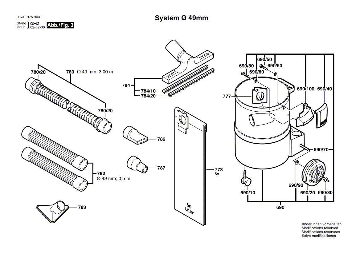 для универсального пылесоса Bosch GAS 12-50 RF 230 V 0601975903, деталировка 3