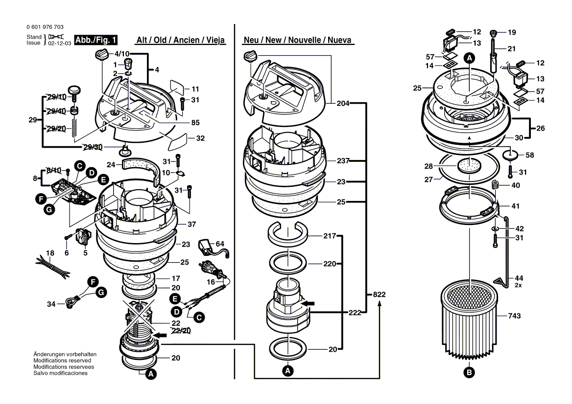 для универсального пылесоса Bosch GAS 14-20 RFB 230 V 0601976703, деталировка 1