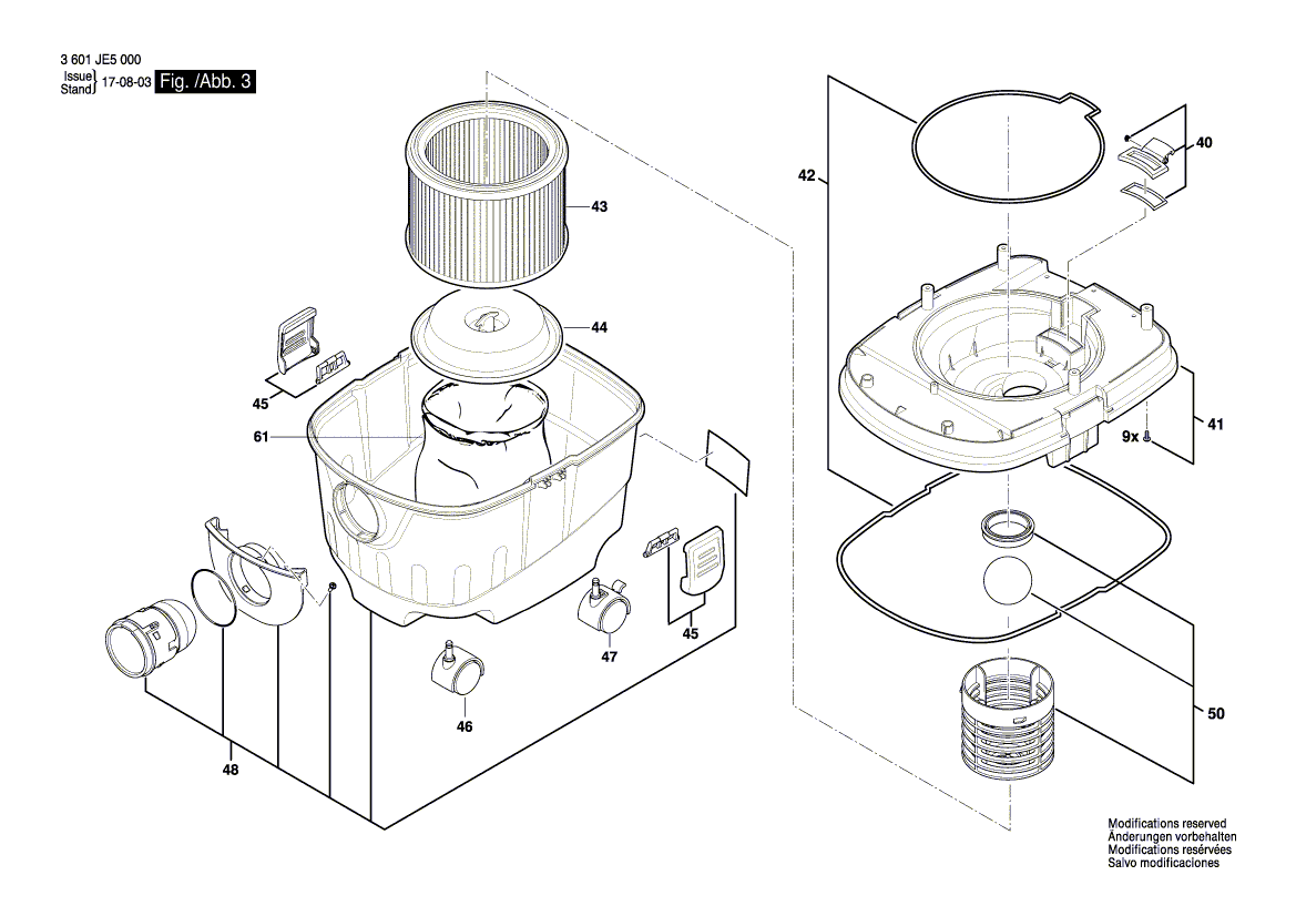 для универсального пылесоса Bosch GAS 15 230 V 3601JE5000, деталировка 3