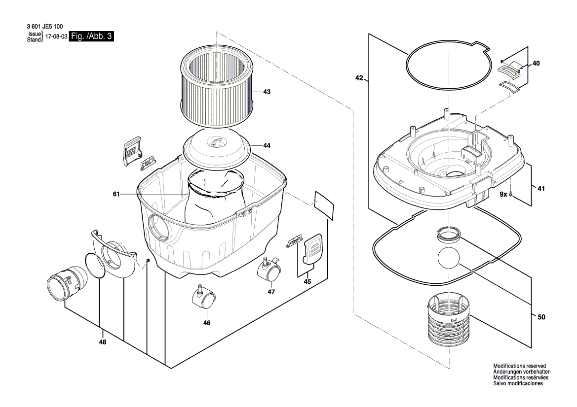 для универсального пылесоса Bosch GAS 15 PS 230 V 3601JE5100, деталировка 3