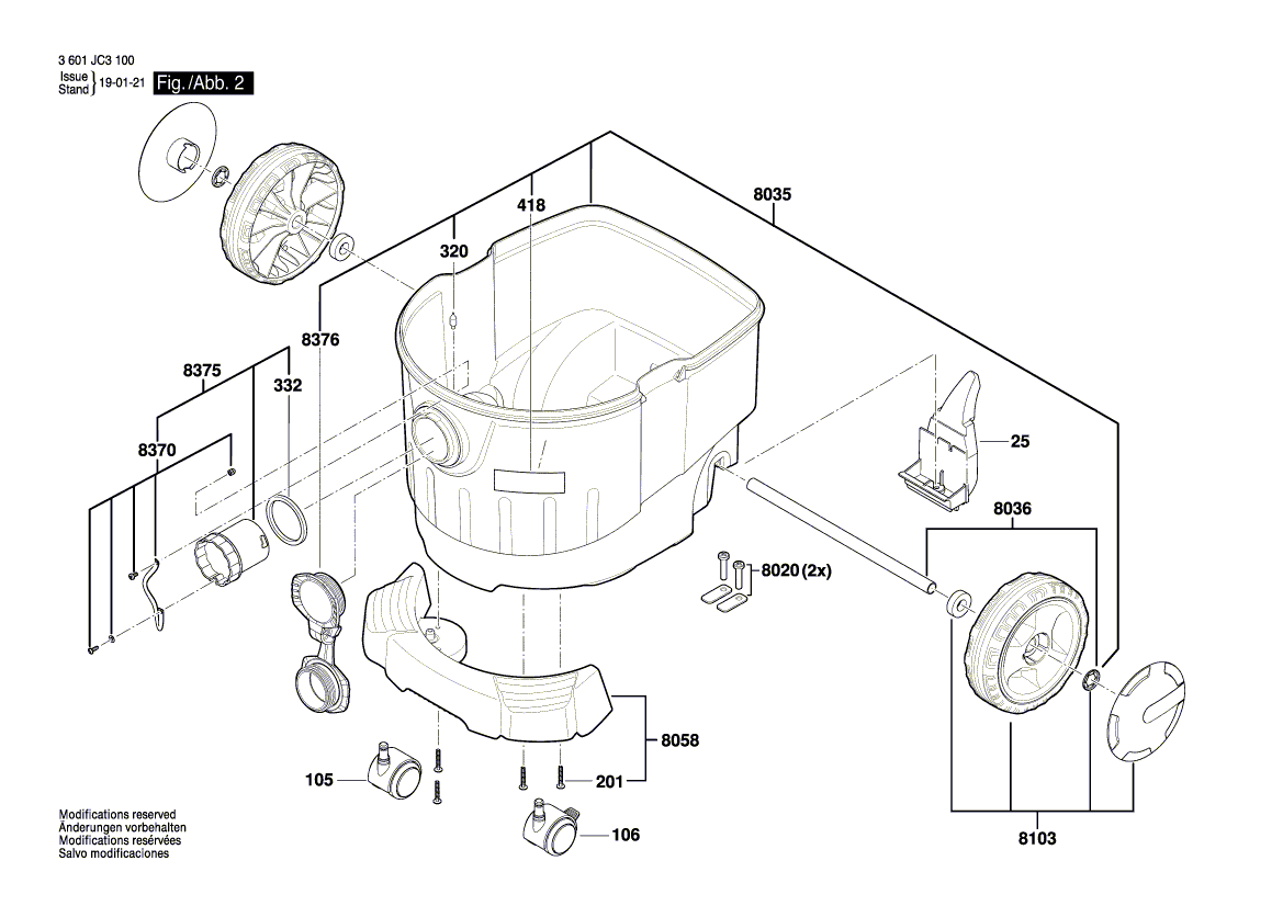 для универсального пылесоса Bosch GAS 35 M AFC 230 V 3601JC3100, деталировка 2