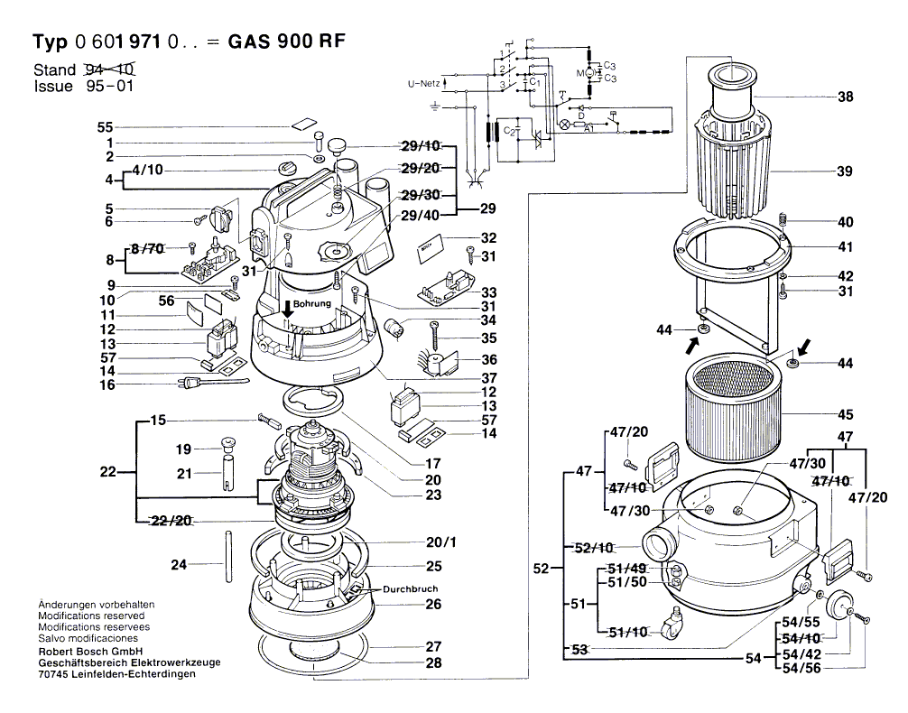 для универсального пылесоса Bosch GAS 900 RF 220 V 0601971003, деталировка 1