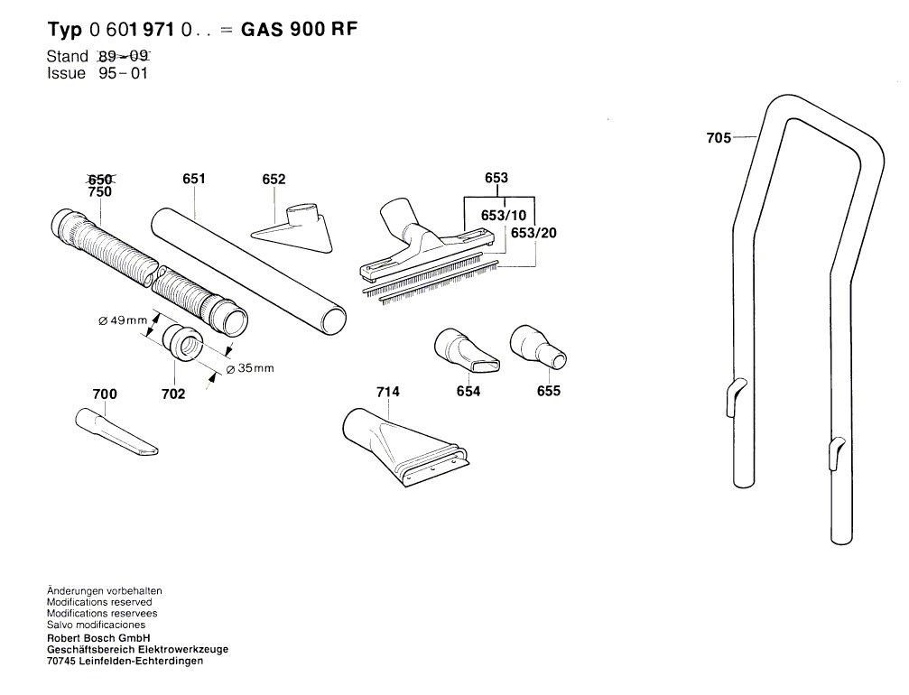 для универсального пылесоса Bosch GAS 900 RF 220 V 0601971003, деталировка 2