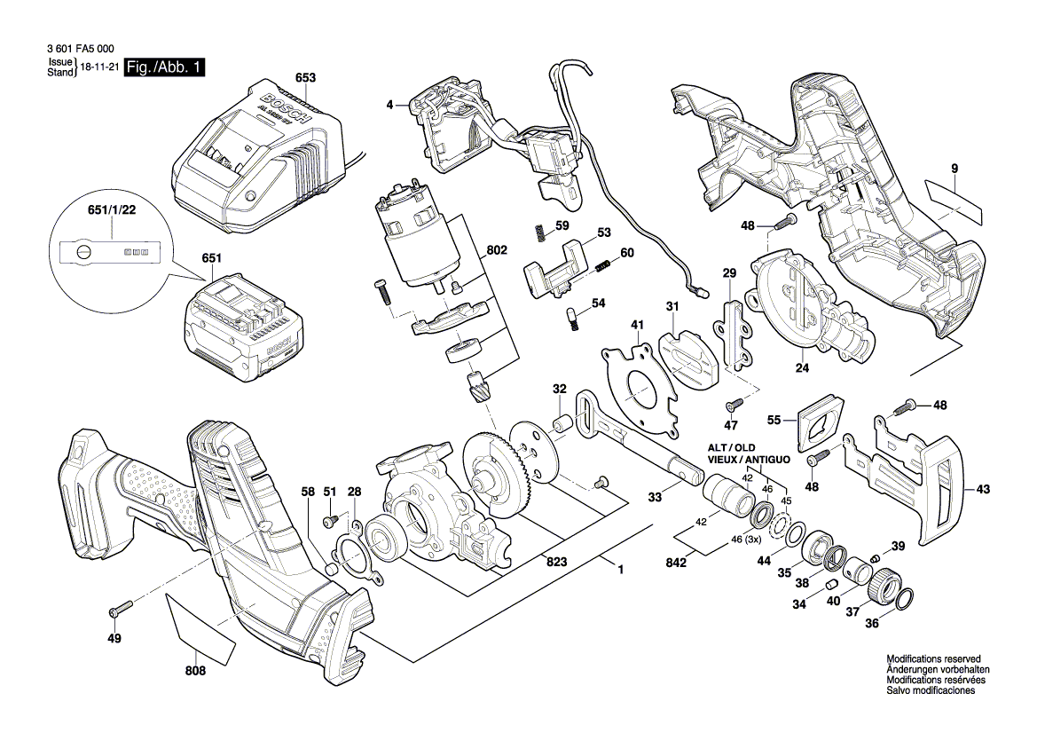 для аккумуляторной сабельной пилы Bosch GSA 18 V-LI C 18 V 3601FA5000, деталировка 1