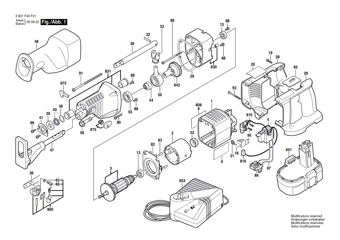 для аккумуляторной сабельной пилы Bosch GSA 18 VE 18 V 3601F45F01, деталировка 1