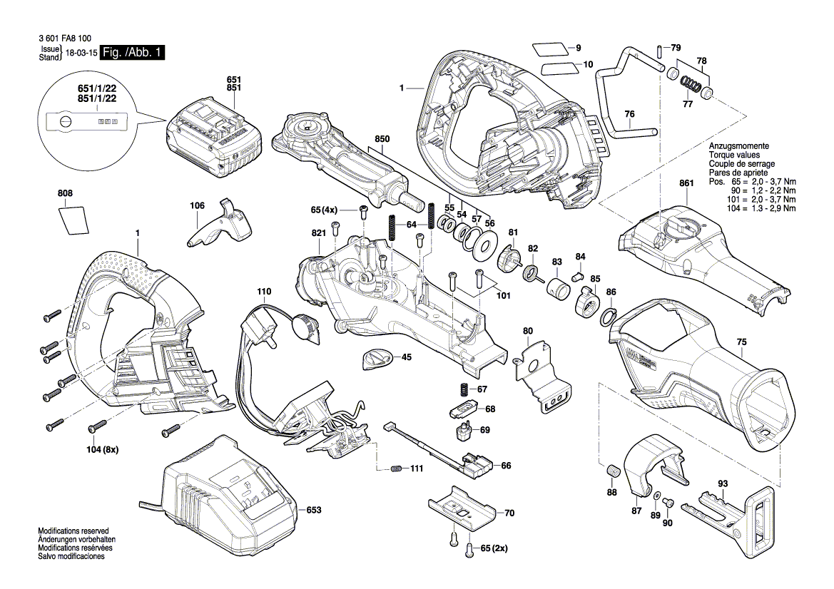 для аккумуляторной сабельной пилы Bosch GSA 18V-32 18 V 3601FA8100, деталировка 1