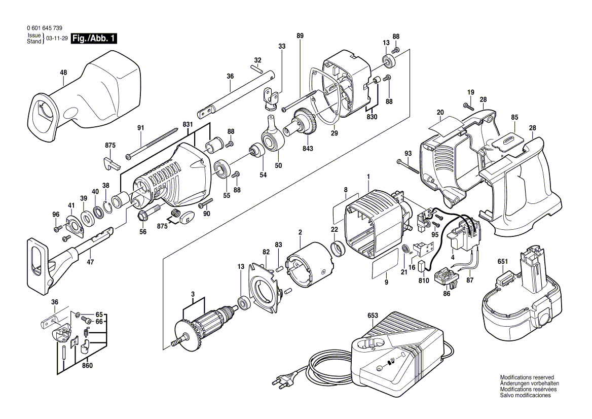 для аккумуляторной сабельной пилы Bosch GSA 24 VE 24 V 0601645703, деталировка 1