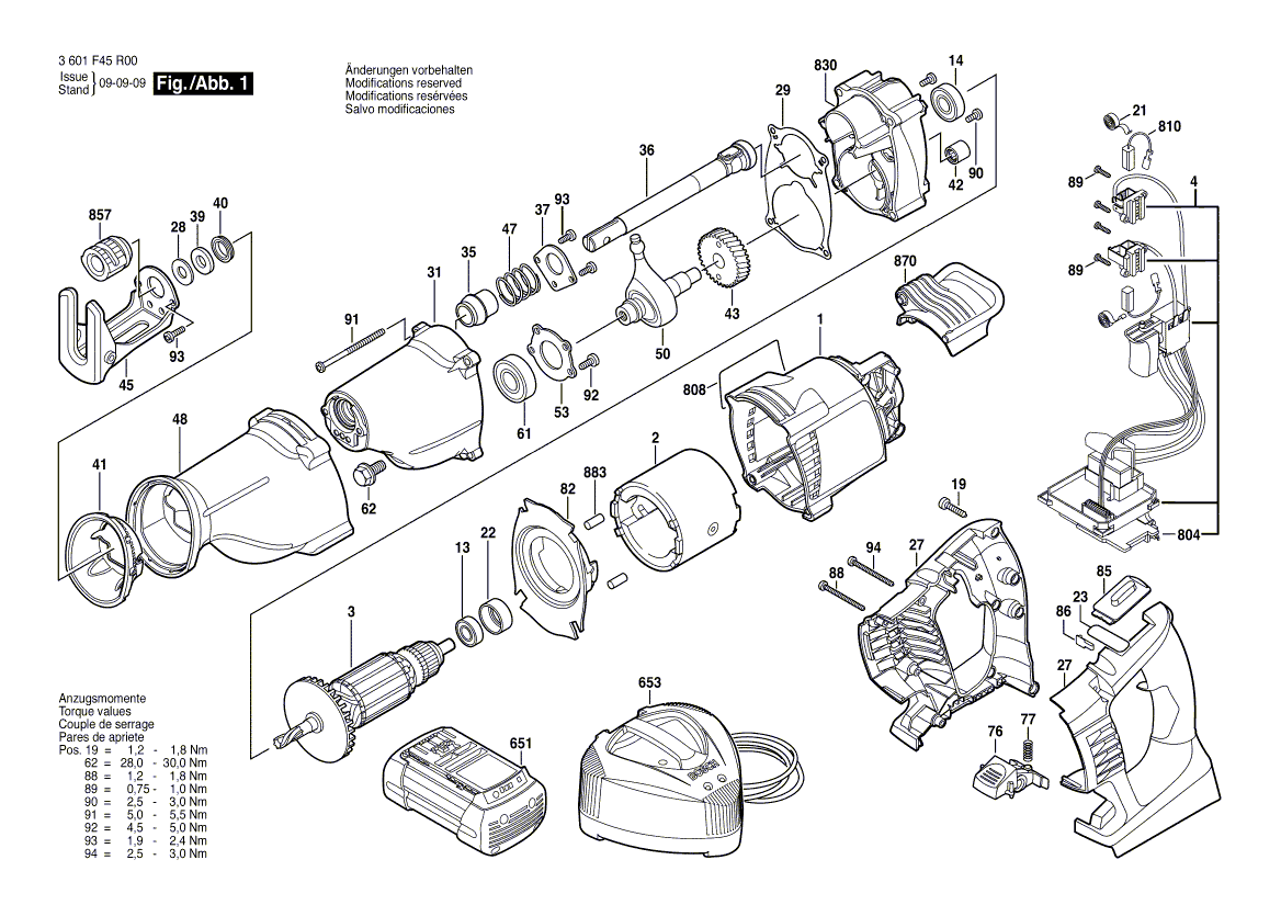 для аккумуляторной сабельной пилы Bosch GSA 36 V-LI 36 V 3601F45R00, деталировка 1