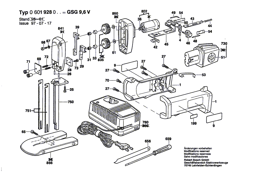 для аккумуляторной сабельной пилы Bosch GSG 9,6 V 9.6 V 0601928003, деталировка 1