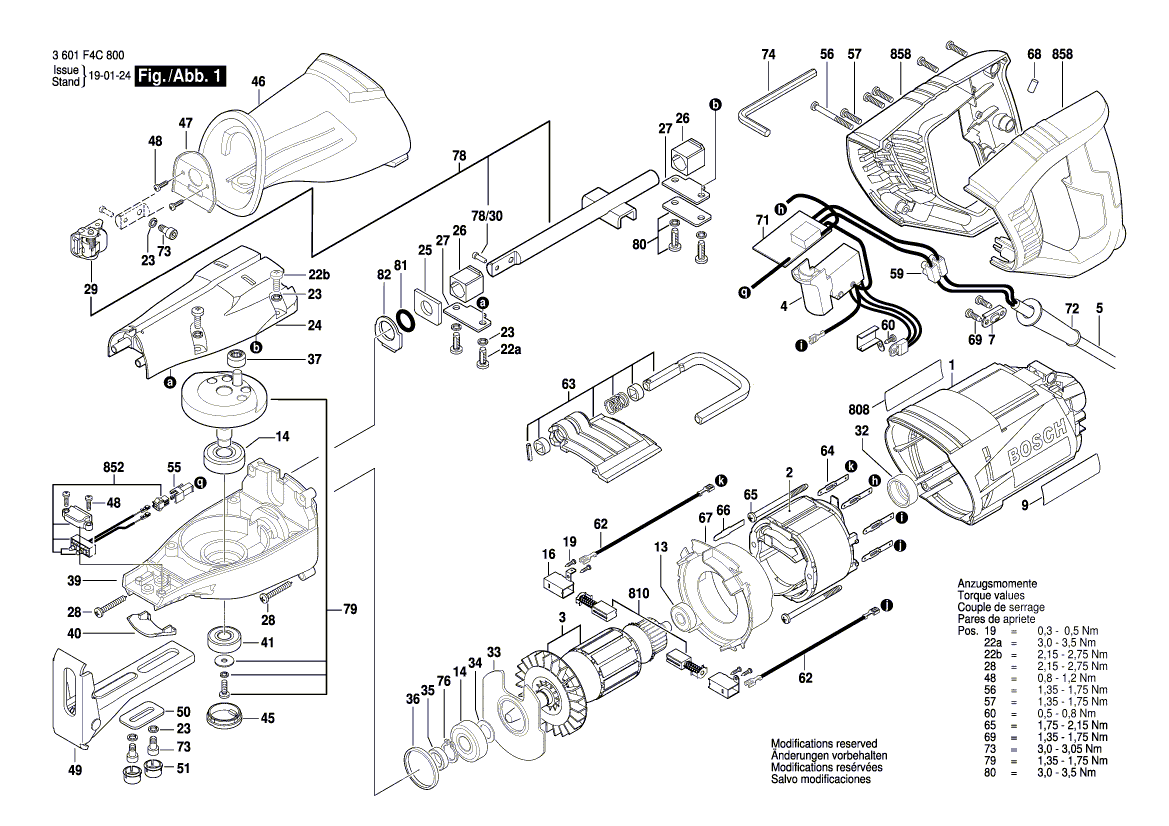 для сабельной пилы Bosch GSA 1100 E 230 V 3601F4C800, деталировка 1