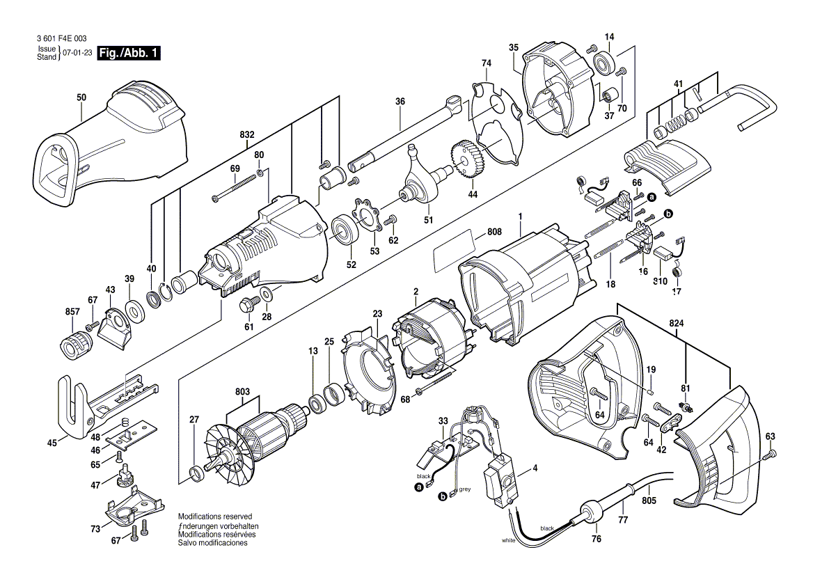 для сабельной пилы Bosch GSA 1200 E 230 V 3601F4E003, деталировка 1