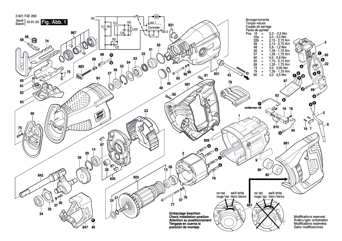 для сабельной пилы Bosch GSA 1300 PCE 230 V 3601F4E200, деталировка 1