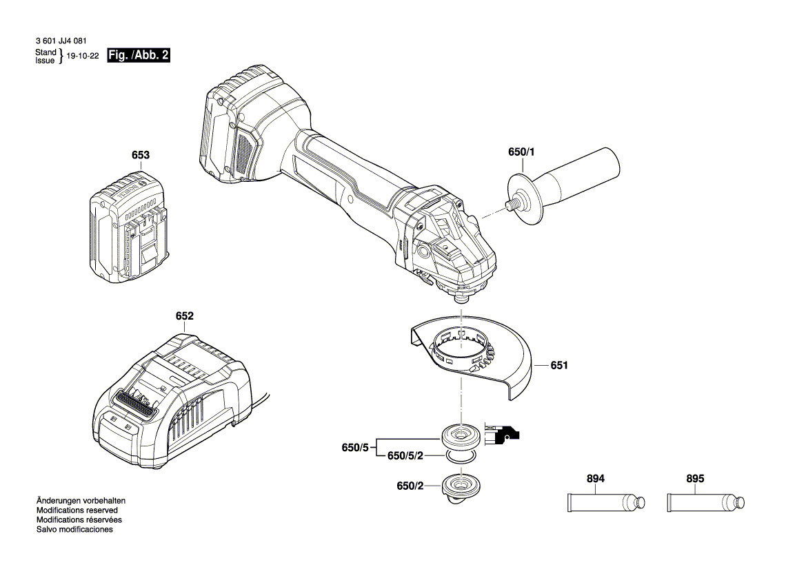 для аккумуляторной шлифмашины Bosch GWS 18V-10 18 V 3601JJ4002, деталировка 2