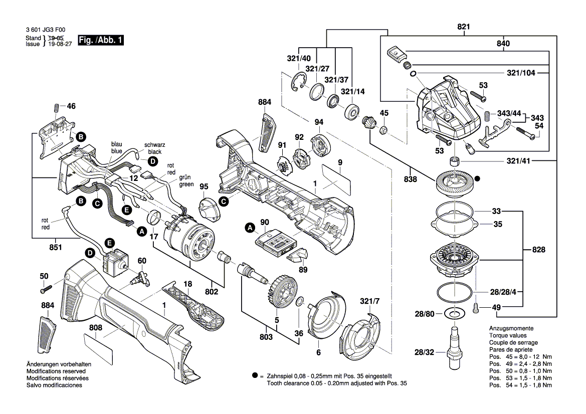 для аккумуляторной шлифмашины Bosch GWS 18V-45PSC 18V 3601JG3F00, деталировка 1