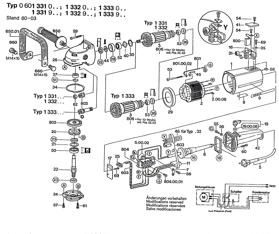 для угловой шлифмашины Bosch 220 V 0601331003, деталировка 1