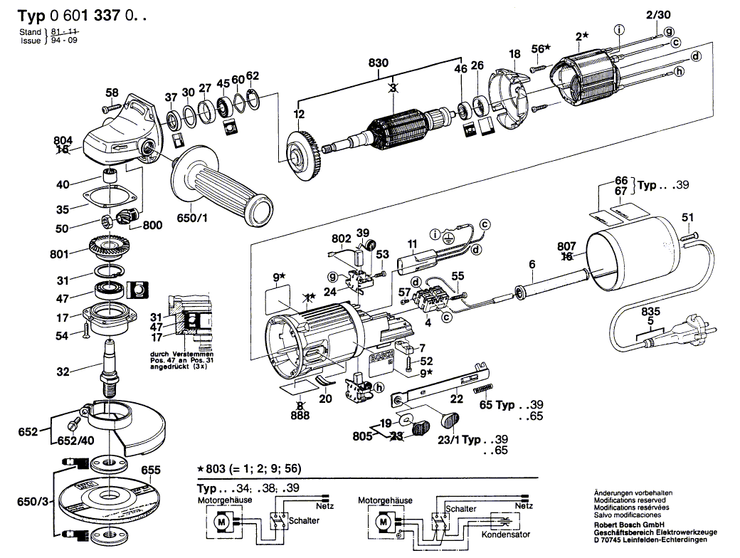 для угловой шлифмашины Bosch 220 V 0601337103, деталировка 1