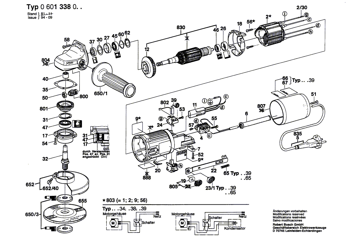 для угловой шлифмашины Bosch 220 V 0601338003, деталировка 1