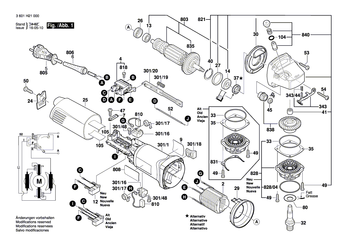 для угловой шлифмашины Bosch GWS 1000 230 V 3601H21003, деталировка 1