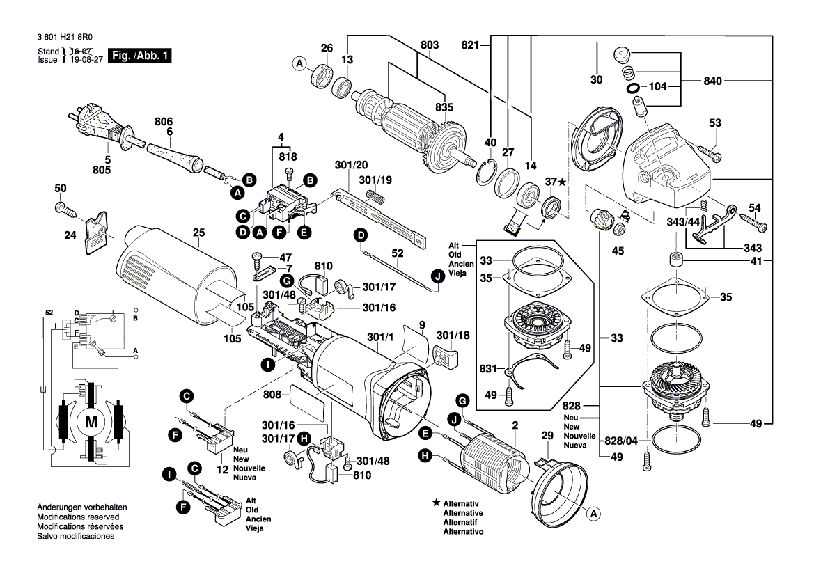 для угловой шлифмашины Bosch GWS 1000 230 V 3601H218R0, деталировка 1