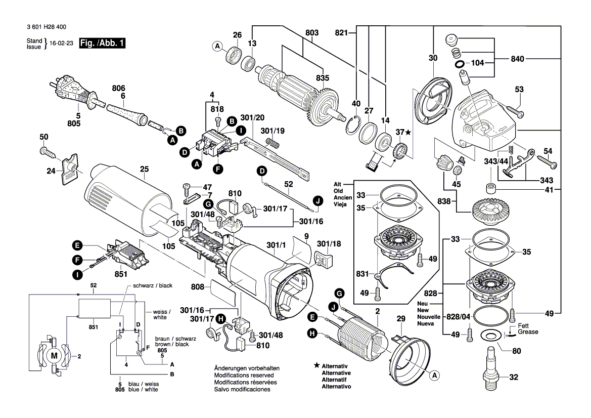 для угловой шлифмашины Bosch GWS 1000 230 V 3601H28400, деталировка 1