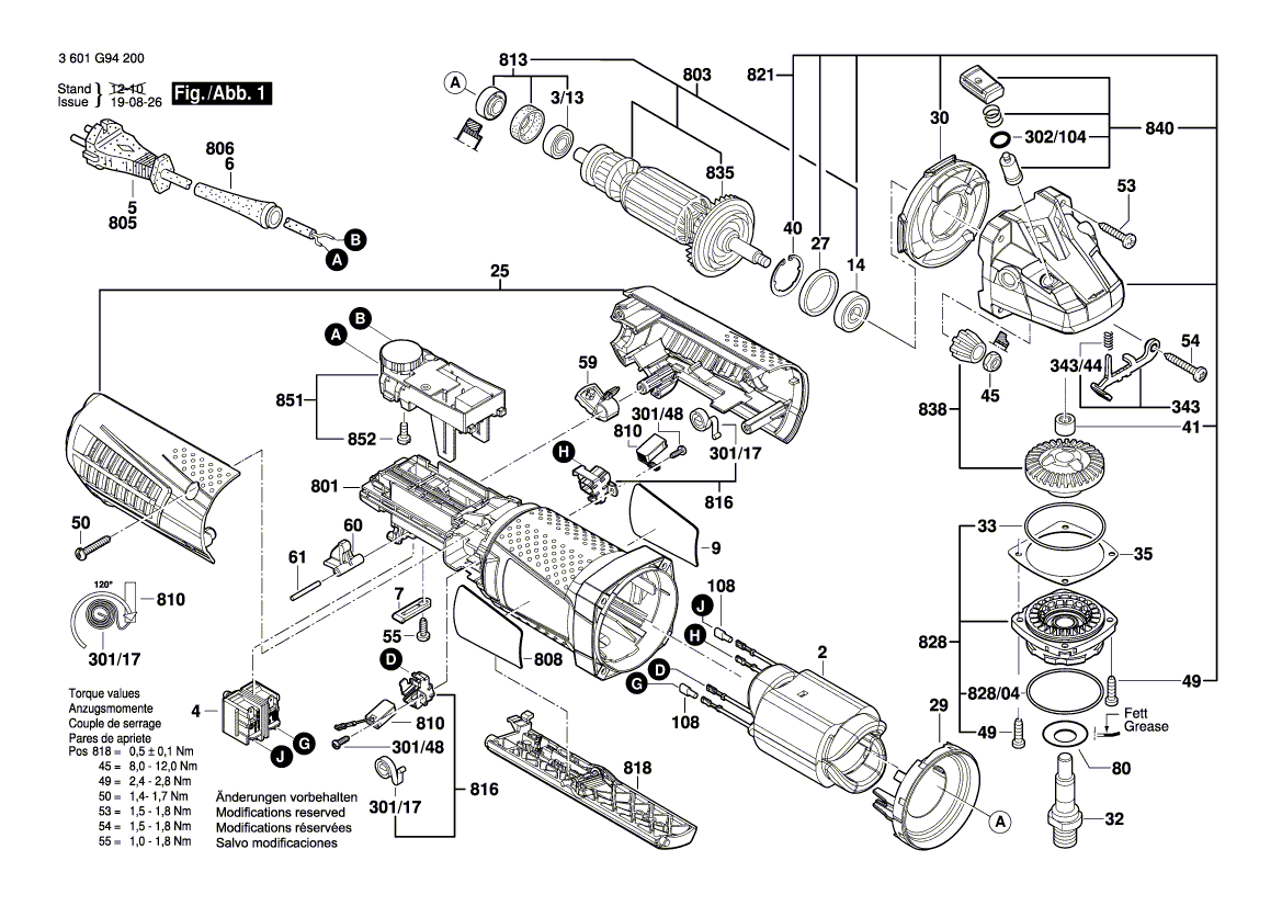 для угловой шлифмашины Bosch GWS 12-125 CIEP 230 V 3601G94200, деталировка 1
