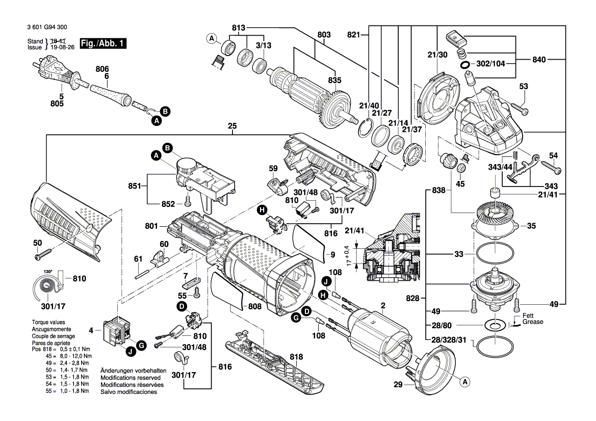 для угловой шлифмашины Bosch GWS 12-125 CIEPX 230 V 3601G94300, деталировка 1