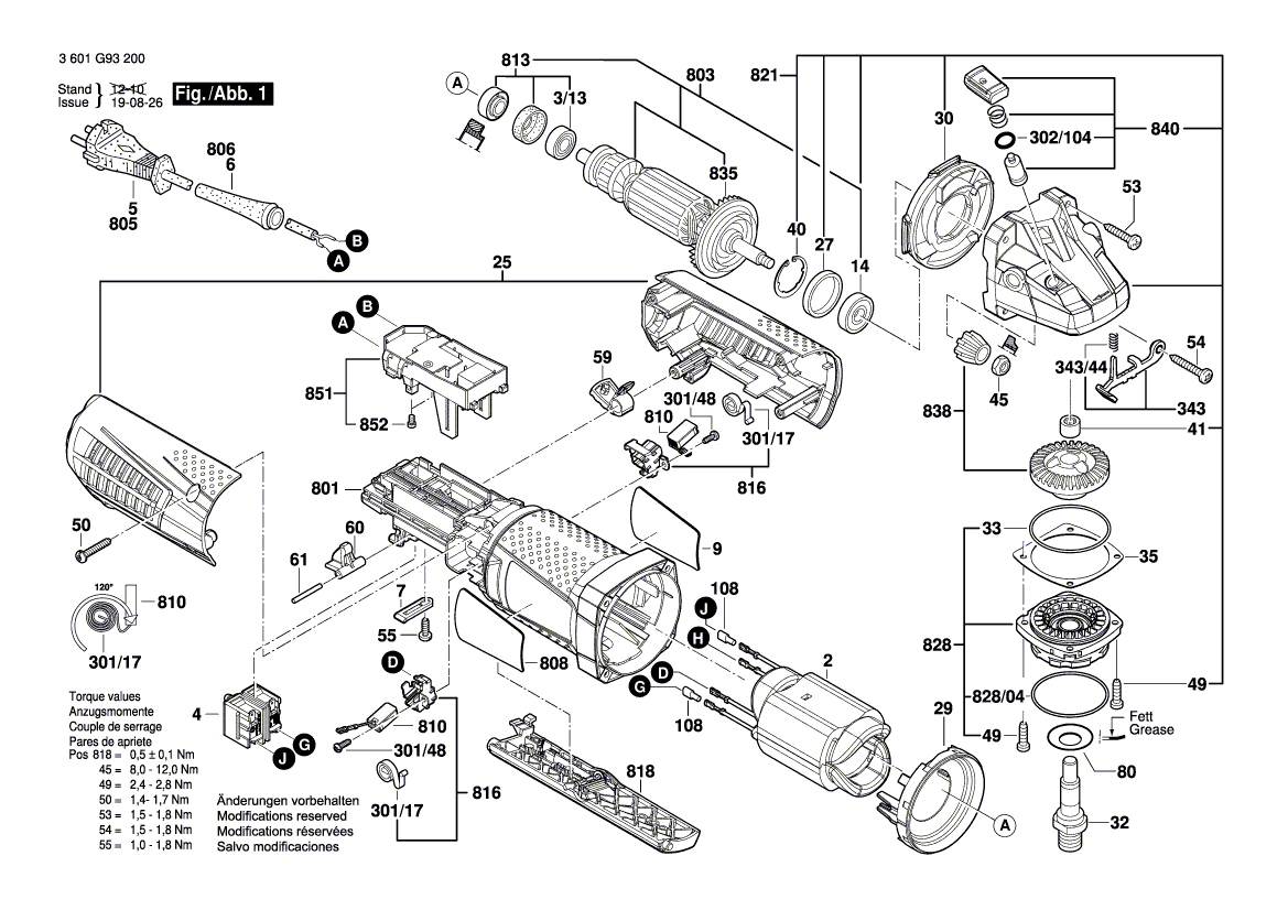 для угловой шлифмашины Bosch GWS 12-125 CIP 230 V 3601G93200, деталировка 1