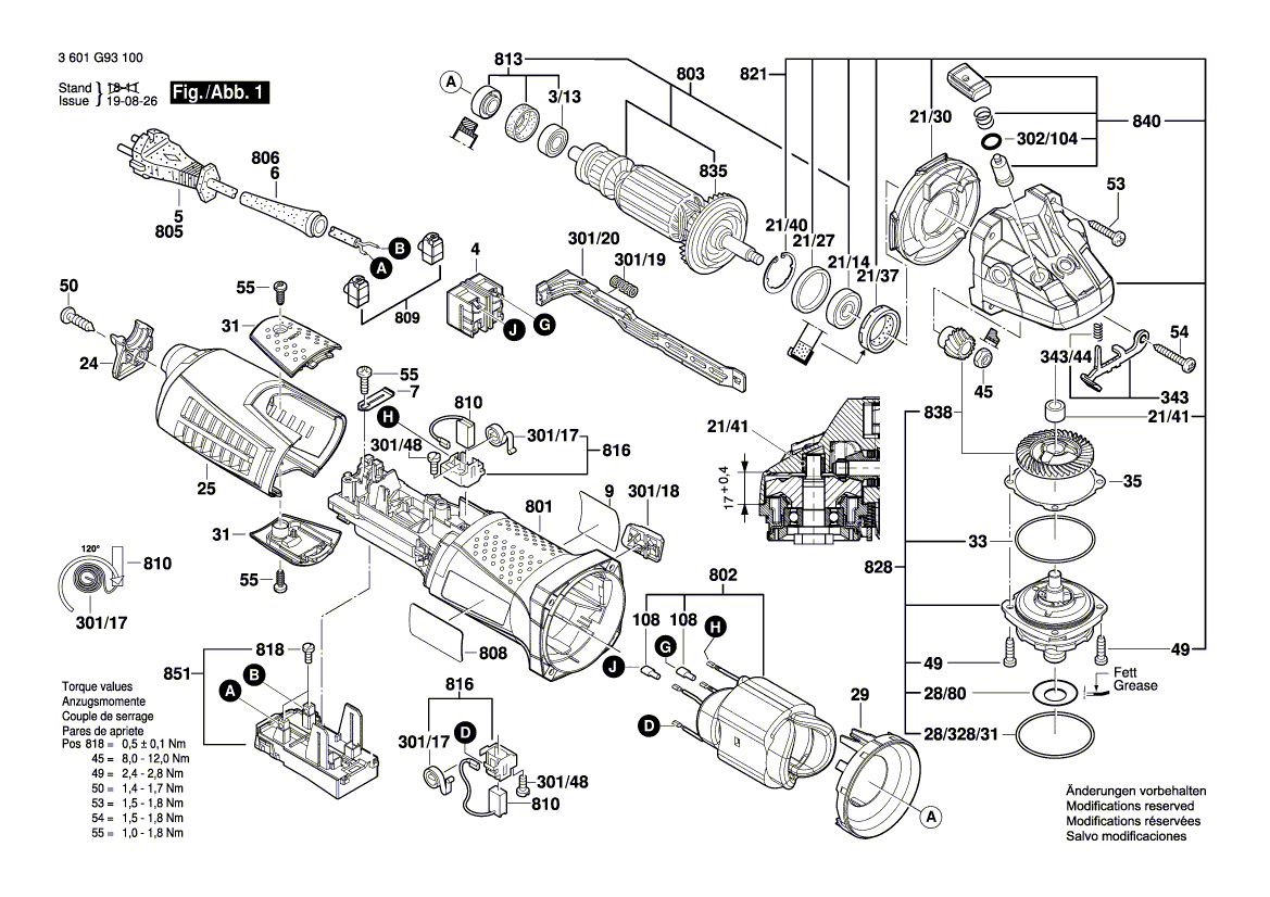 для угловой шлифмашины Bosch GWS 12-125 CIX 230 V 3601G93100, деталировка 1