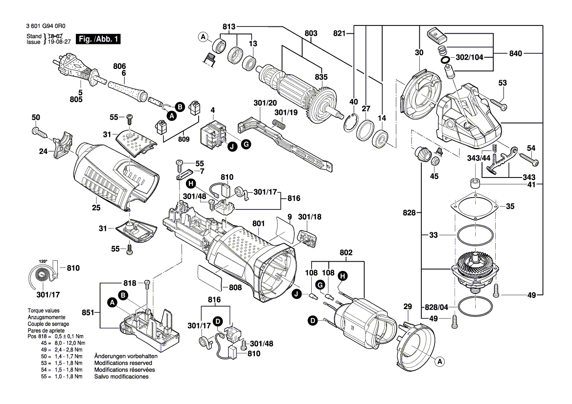 для угловой шлифмашины Bosch GWS 13-125 CIE 230 V 3601G940R0, деталировка 1