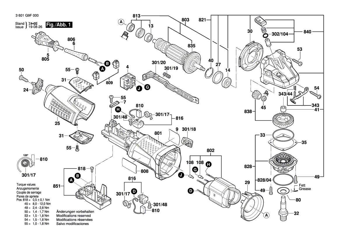 для угловой шлифмашины Bosch GWS 13-125 CIE 230 V 3601G9F000, деталировка 1