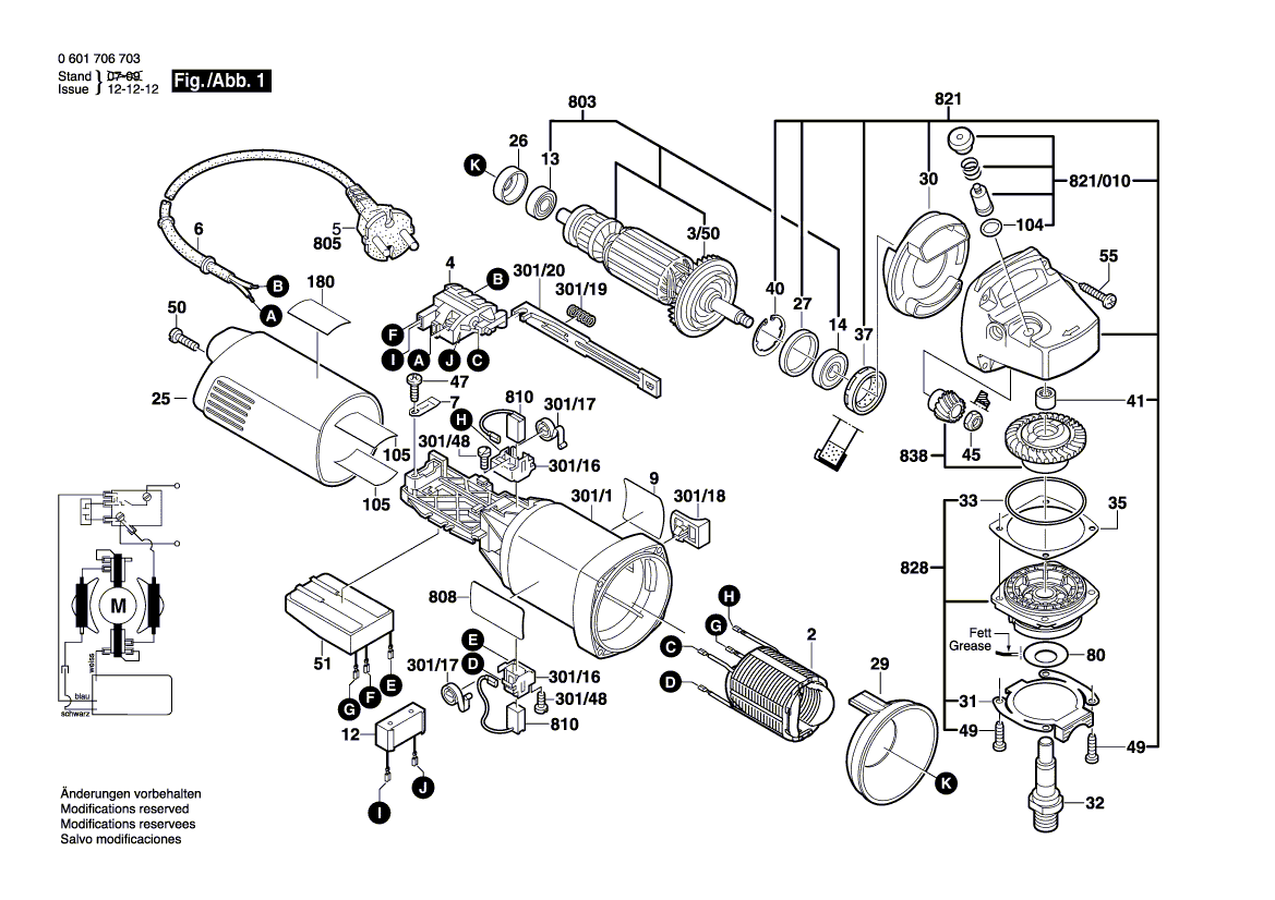 для угловой шлифмашины Bosch GWS 14-150 C 230 V 0601706703, деталировка 1