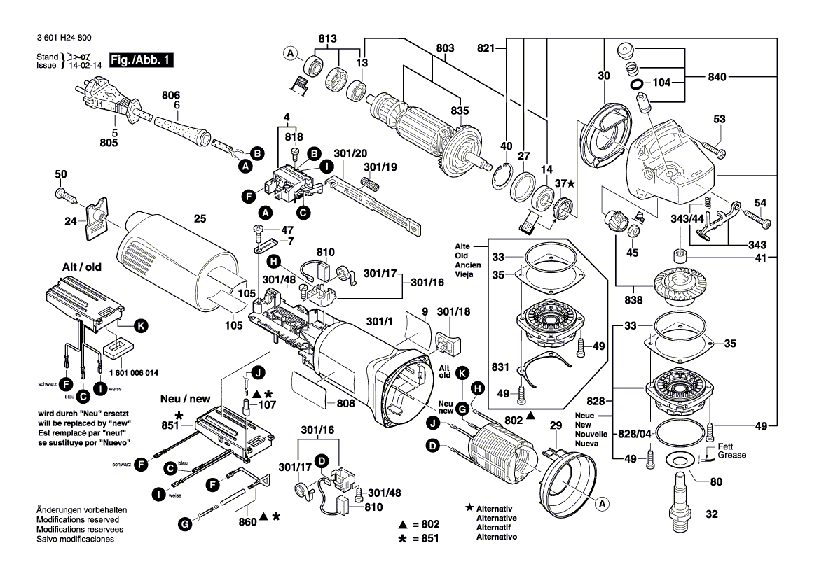 для угловой шлифмашины Bosch GWS 1400 230 V 3601H24830, деталировка 1