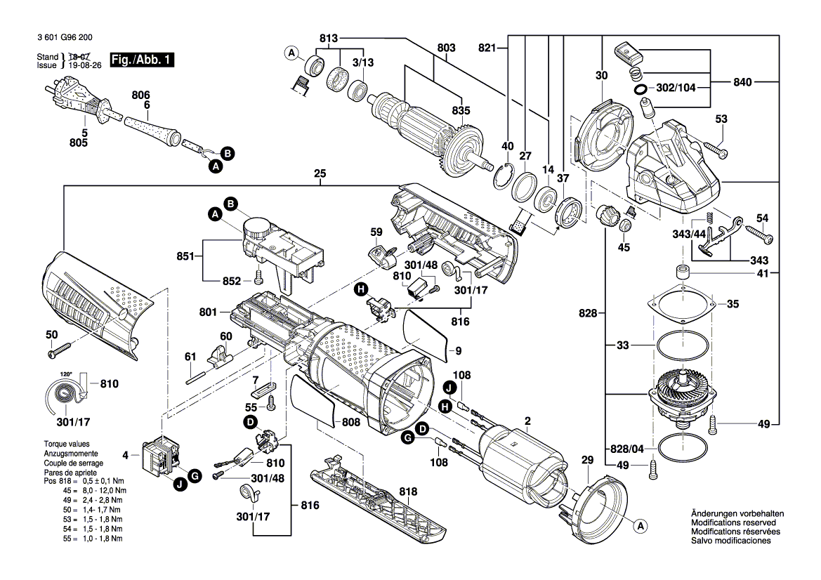 для угловой шлифмашины Bosch GWS 15-125 CIEP 230 V 3601G96200, деталировка 1