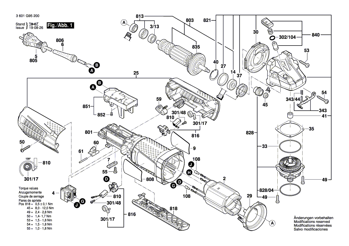 для угловой шлифмашины Bosch GWS 15-125 CIP 230 V 3601G95200, деталировка 1