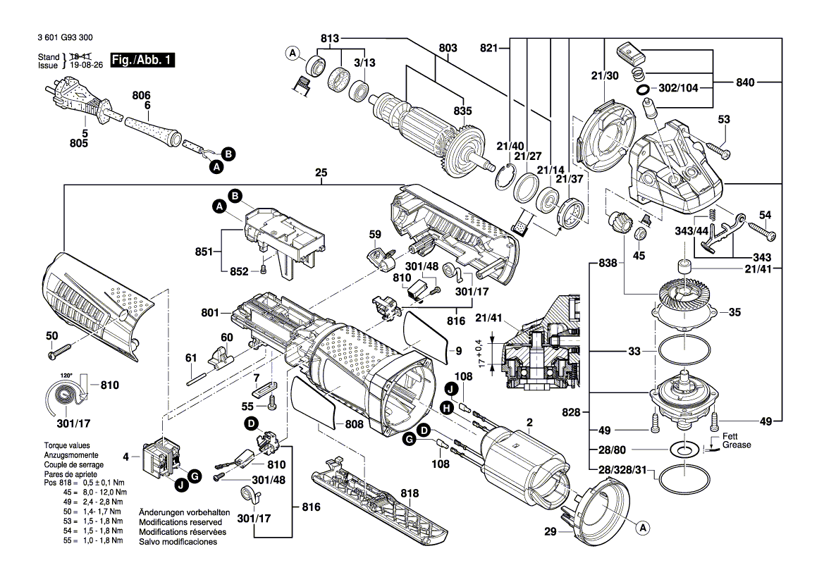 для угловой шлифмашины Bosch GWS 15-125 CIPX 230 V 3601G95300, деталировка 1