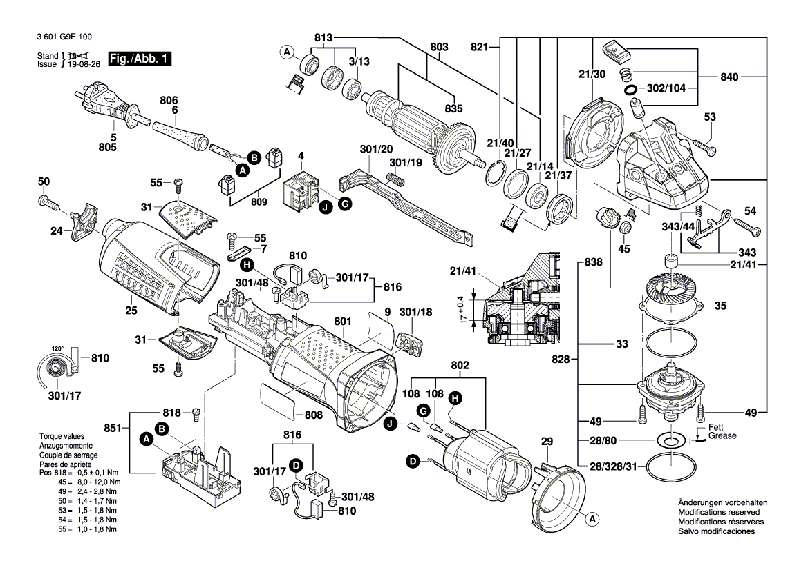 для угловой шлифмашины Bosch GWS 17-125 CIX 230 V 3601G9G100, деталировка 1