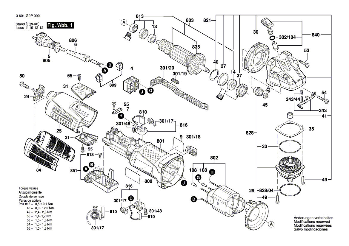 для угловой шлифмашины Bosch GWS 19-125 CIE 230 V 3601G9P000, деталировка 1