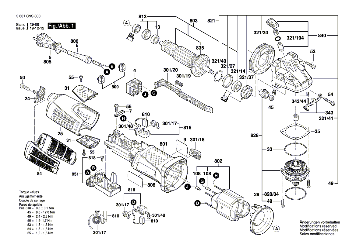 для угловой шлифмашины Bosch GWS 19-125 CIST 230 V 3601G9S000, деталировка 1