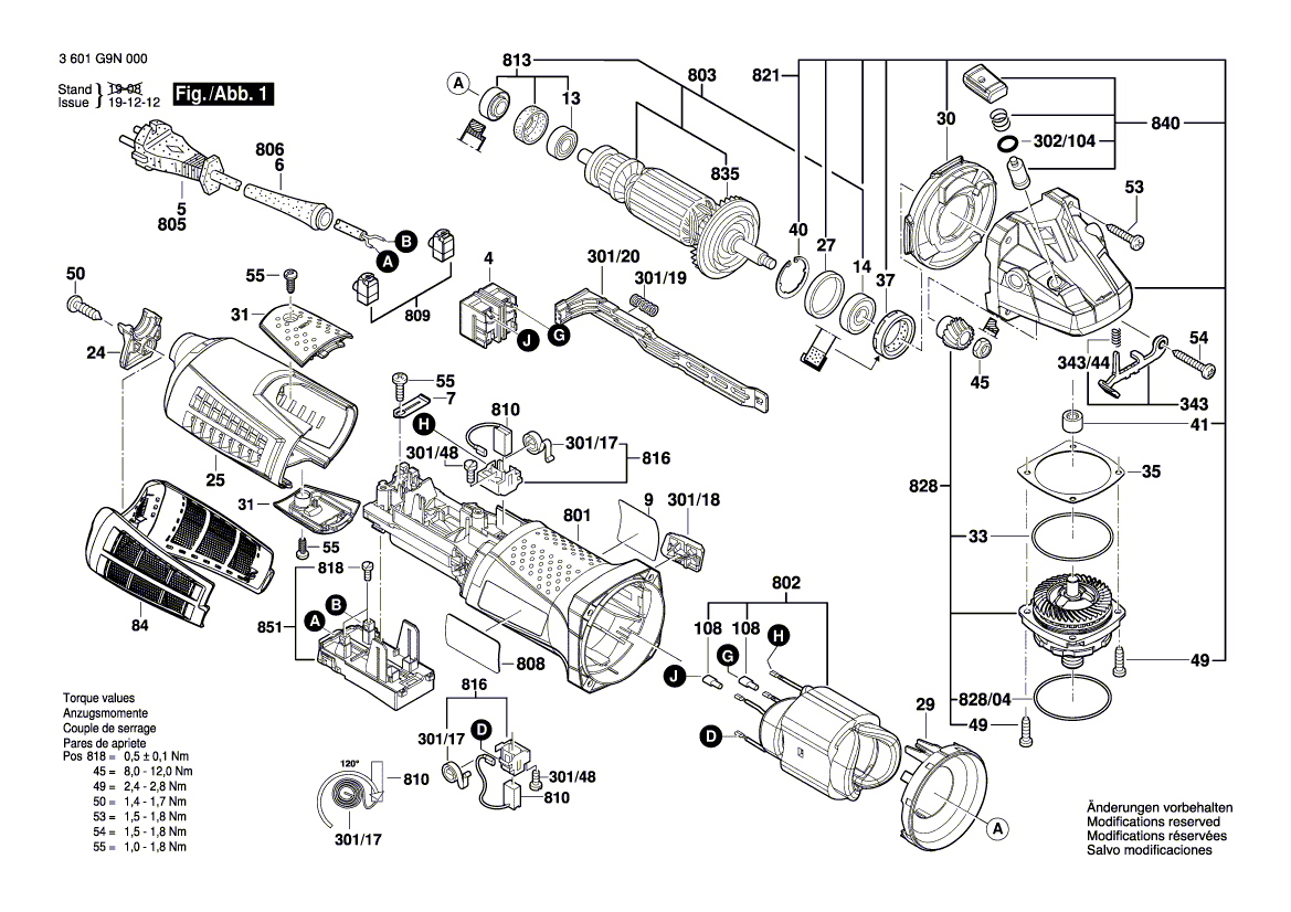 для угловой шлифмашины Bosch GWS 19-150 CI 230 V 3601G9R000, деталировка 1