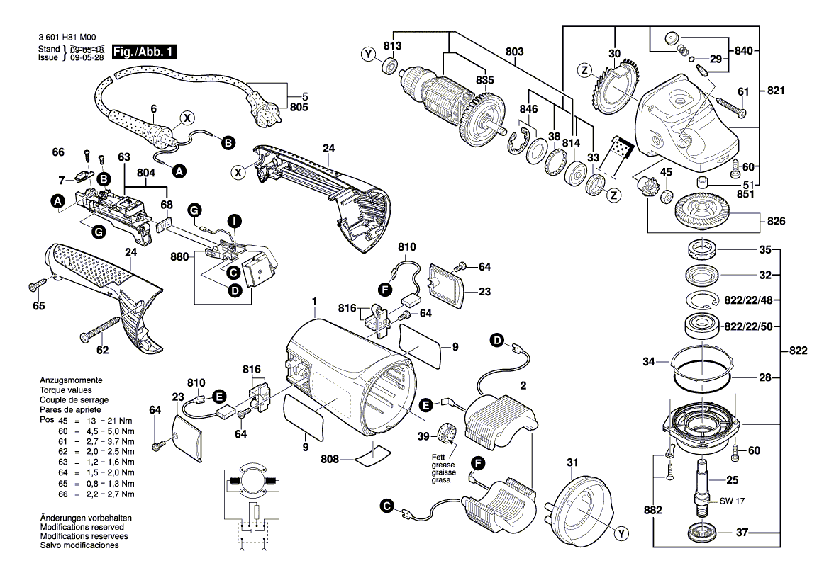 для угловой шлифмашины Bosch GWS 22-180 JH 230 V 3601H81M00, деталировка 1