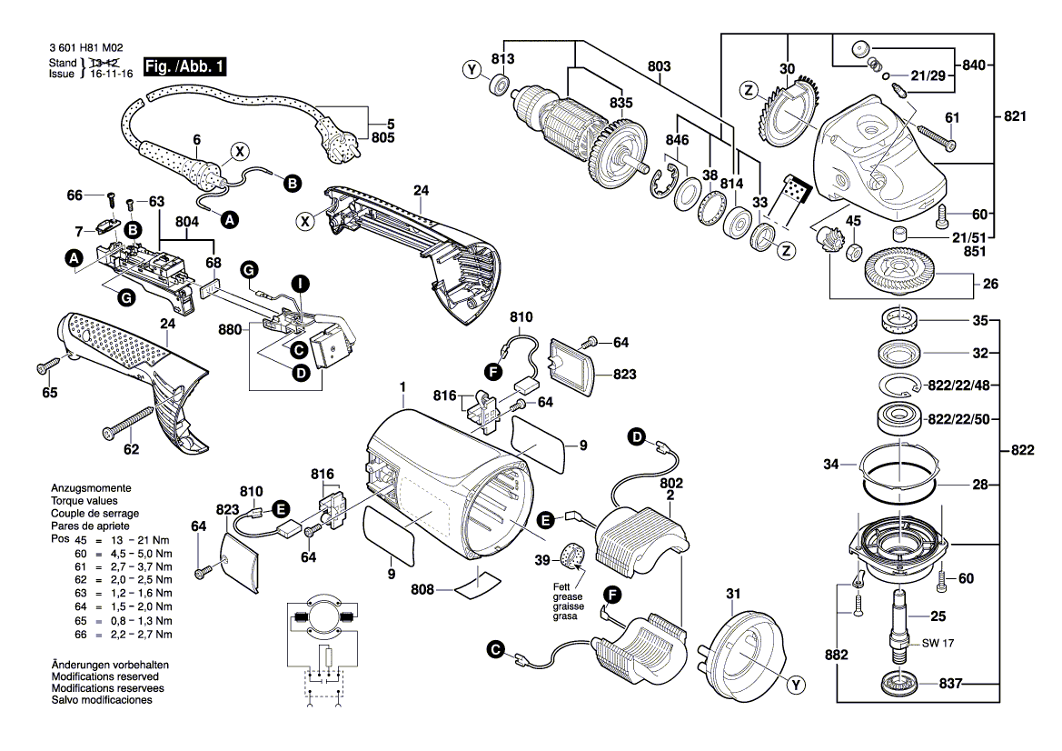 для угловой шлифмашины Bosch GWS 22-180 JH 230 V 3601H81M02, деталировка 1