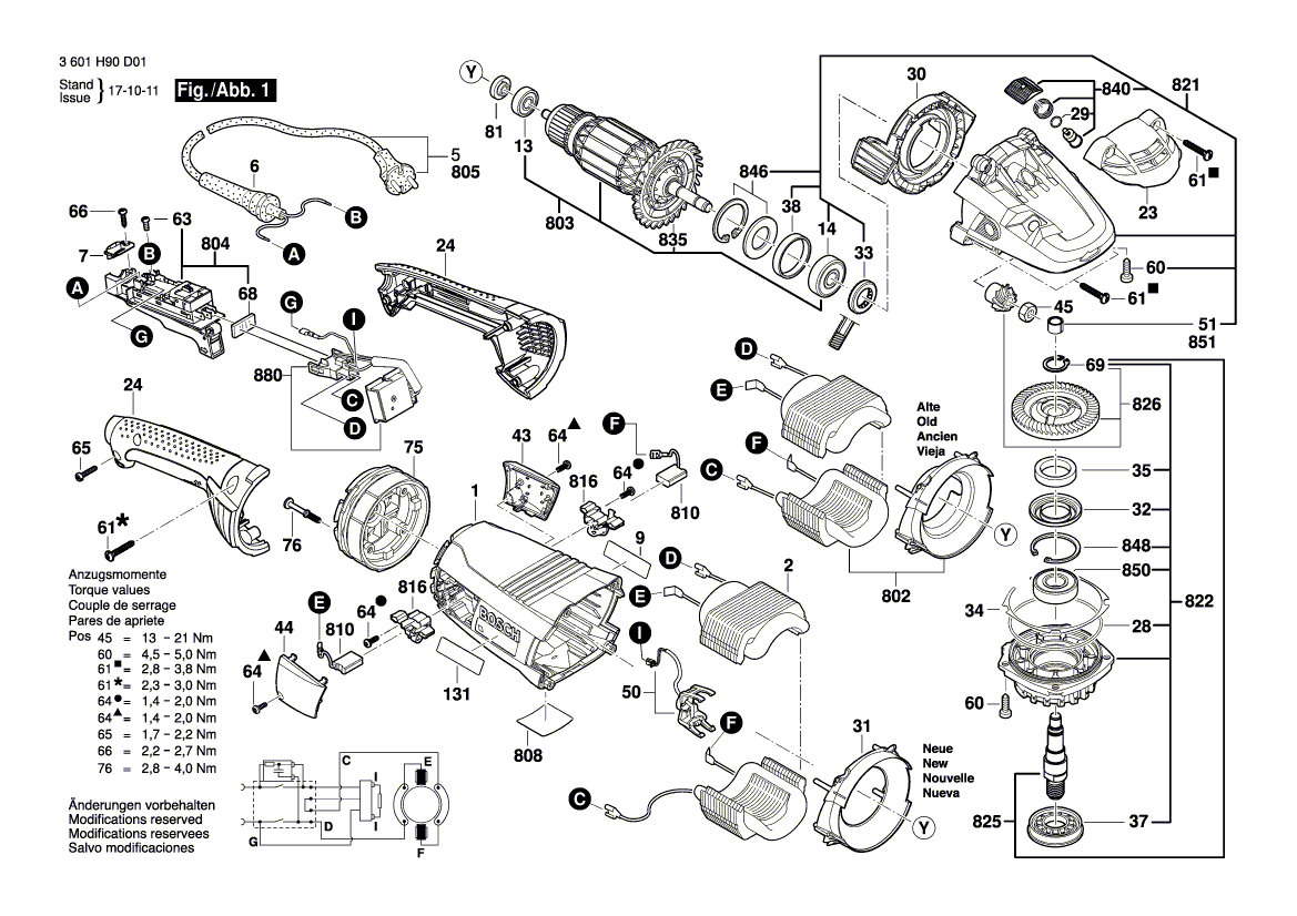 для угловой шлифмашины Bosch GWS 22-180 LVI 230 V 3601H90D01, деталировка 1